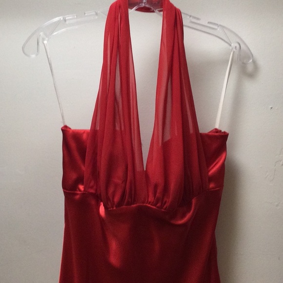 Red silky evening gown, sheer top, flare bottom - Picture 8 of 14